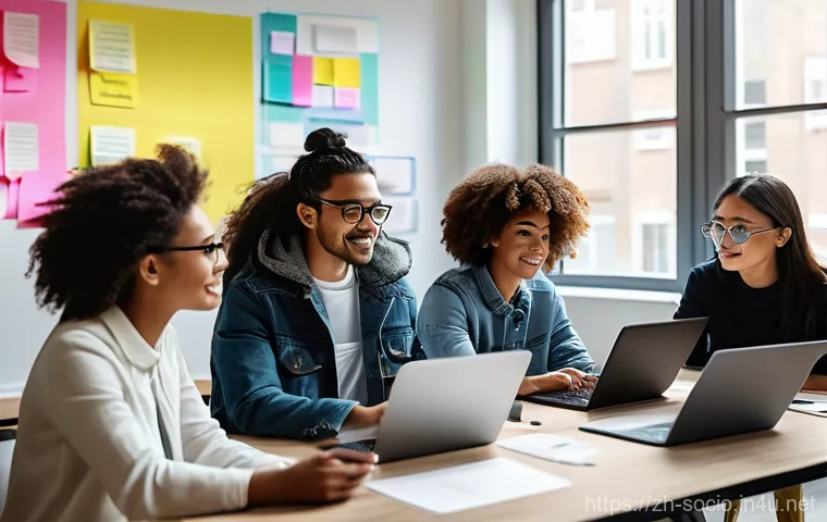 공동체 형성과 사회적 신뢰 - **Prompt:** "A diverse group of adults, professionally and smartly dressed, are seated around a slee...