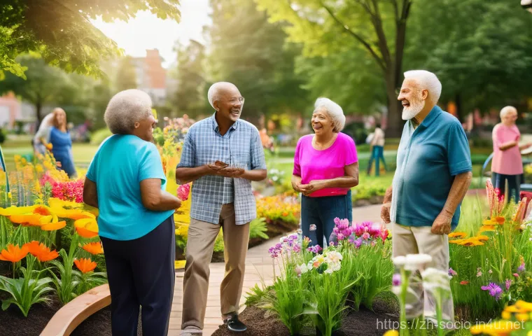 공동체 이론과 지역사회 연구 - A vibrant, diverse community park on a sunny afternoon, teeming with life and connection. In the for...