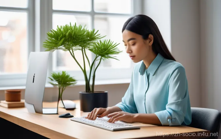 기술과 사회 변화 - **Prompt:** A young, diverse professional in a bright, modern minimalist home office. The person, dr...