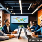 사회적 자본과 경제 발전 - A dynamic modern business networking scene in a vibrant urban co-working space, diverse entrepreneur...