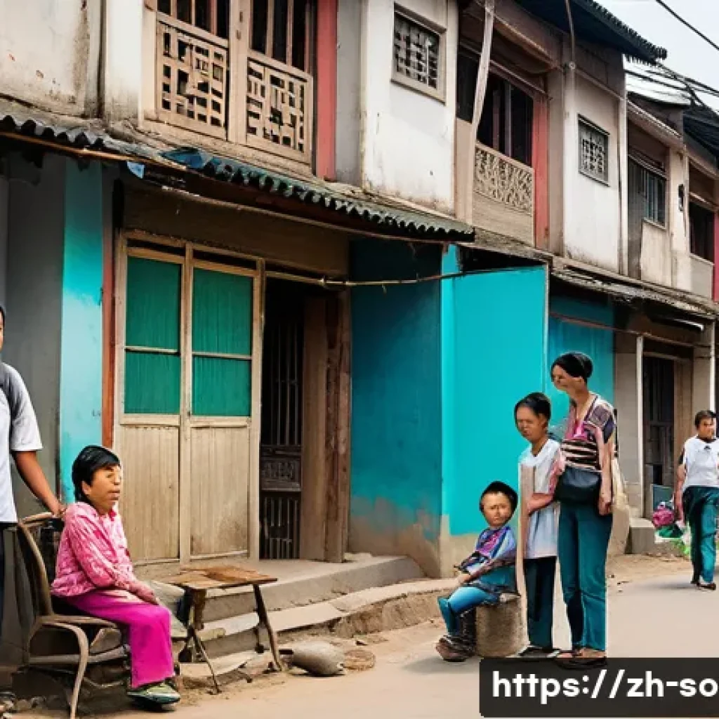 사회적 복지와 빈곤 문제 - A detailed urban scene depicting a diverse group of newly arrived rural families in a modern Chinese...