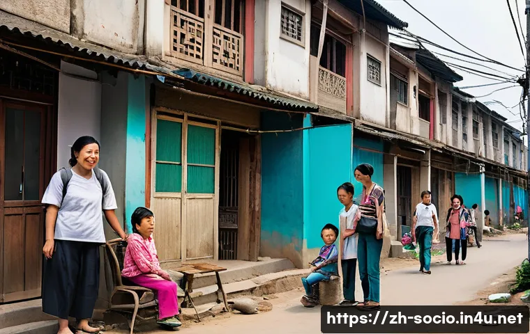 사회적 복지와 빈곤 문제 - A detailed urban scene depicting a diverse group of newly arrived rural families in a modern Chinese...