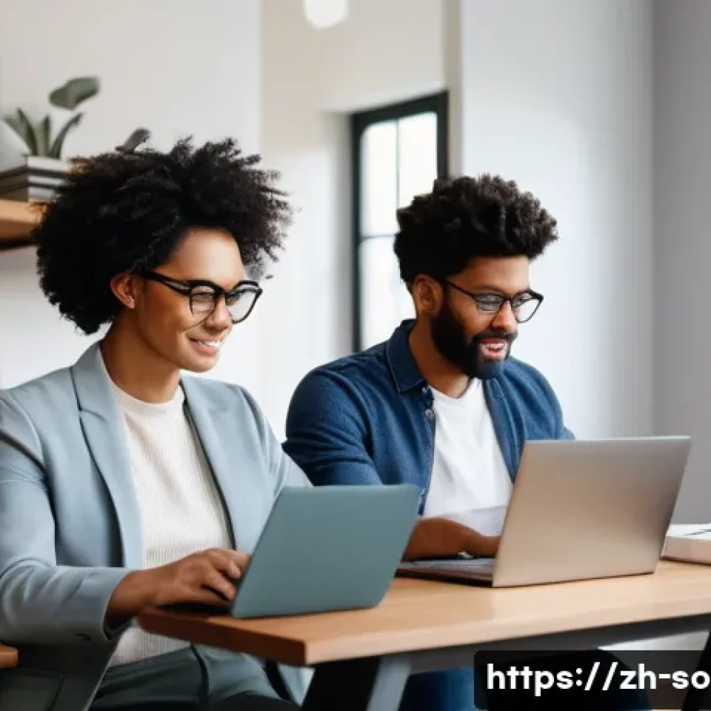 노동사회학 - A modern office scene showcasing a diverse group of young professionals engaged in remote work using...