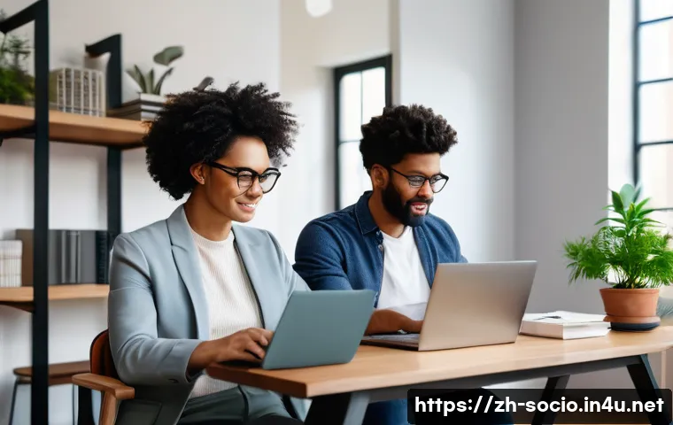 노동사회학 - A modern office scene showcasing a diverse group of young professionals engaged in remote work using...