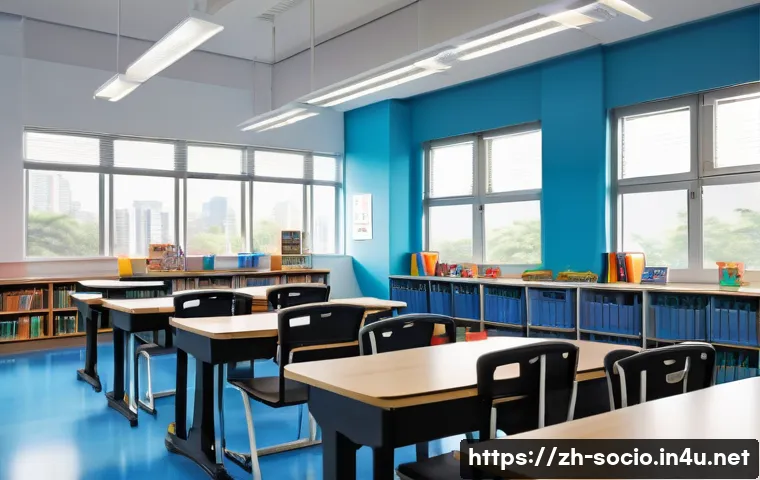 사회적 이동성과 교육격차 - A modern urban classroom filled with natural light, featuring advanced multimedia equipment such as ...