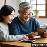고령화 사회와 세대 간 관계 - A warm, modern family living room scene showing three generations interacting harmoniously: an elder...