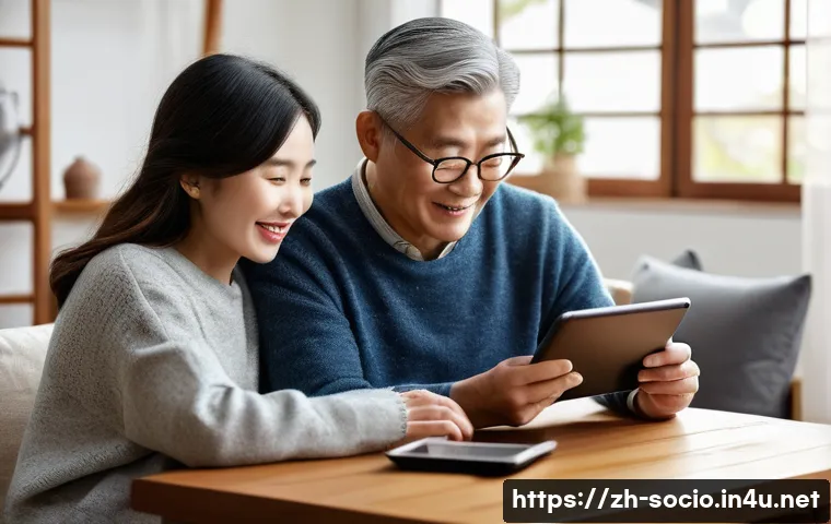 고령화 사회와 세대 간 관계 - A warm, modern family living room scene showing three generations interacting harmoniously: an elder...
