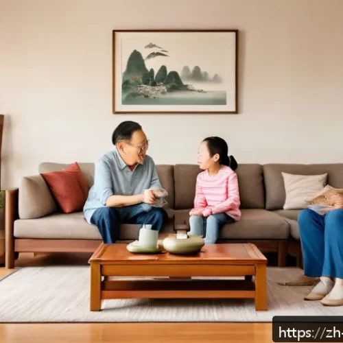사회제도와 가족구조 - A warm, modern multigenerational Chinese family gathering scene in a cozy living room, featuring thr...