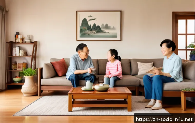 사회제도와 가족구조 - A warm, modern multigenerational Chinese family gathering scene in a cozy living room, featuring thr...