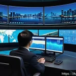 사회학과 빅데이터 분석 - A modern urban control center filled with large digital screens displaying real-time data streams of...