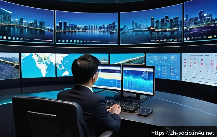 사회학과 빅데이터 분석 - A modern urban control center filled with large digital screens displaying real-time data streams of...
