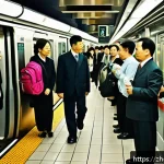 사회구조와 기능주의 - A bustling urban subway scene during rush hour in a modern Chinese city, showing diverse commuters i...