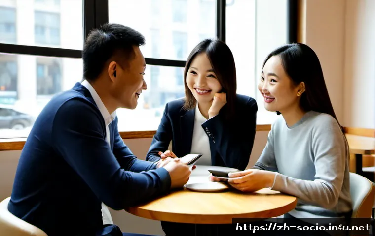 사회적 상호작용과 커뮤니케이션 - Photorealistic scene of three diverse adult coworkers having a warm face-to-face conversation around...