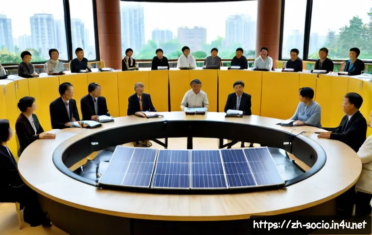 사회적 환경과 기후변화 정책 - Photorealistic community climate policy meeting in a bright modern civic hall, diverse adults and se...